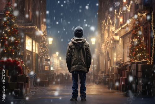 Illustration of a lonely homeless child on Christmas night