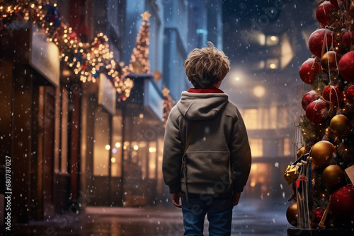 Illustration of a lonely homeless child on Christmas night