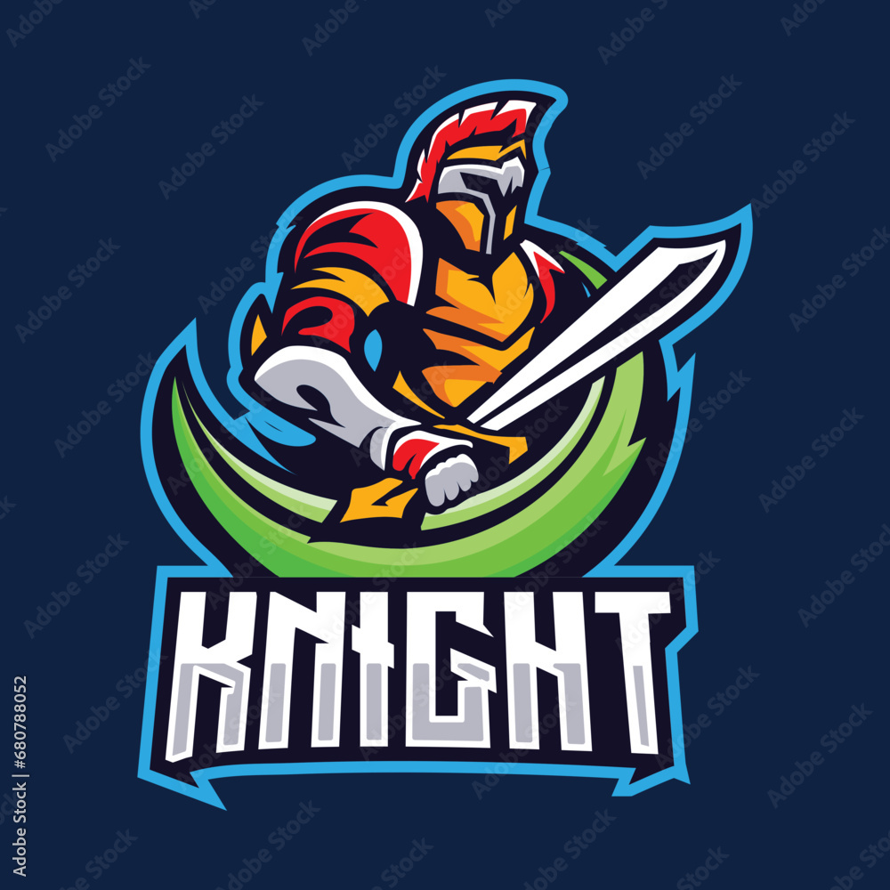Fototapeta premium Exclusive knight e-sport logo template. Warrior medieval style logo design vector.