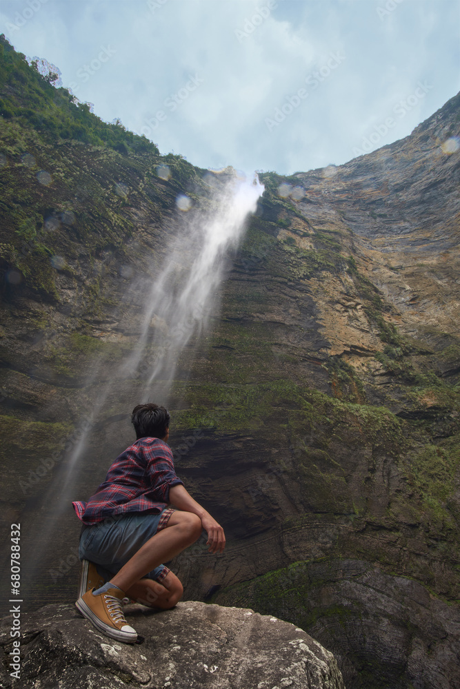 View from the base of Gocta Waterfall, locally known as La Chorrera. The waterfall has a height of 700 meters, making it one of the largest in the world.