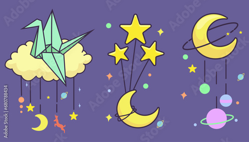 Set of sweet dream lullaby crescent moon, planets and origami. Cute crescent moon, planets and origami hanging on strings for your decoration. good night baby shower illustration vector.