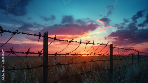 Boundary barbed wire fence in the territory military zone with dawn and sunset background. International International Holocaust Remembrance Day sunlight with silhouette on meadow defense background.
