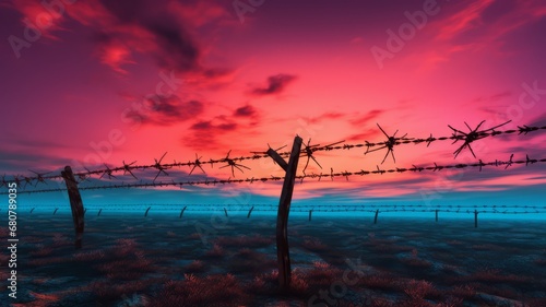 Boundary barbed wire fence in the territory military zone with dawn and sunset background. International International Holocaust Remembrance Day sunlight with silhouette on meadow defense background. photo