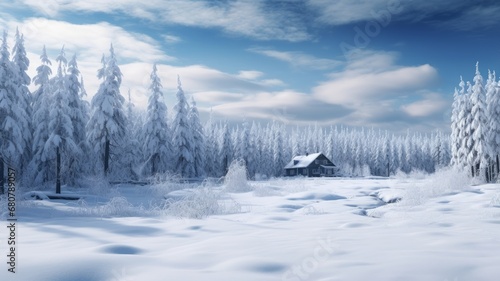 Snowy winter forest in the mountain hills background.