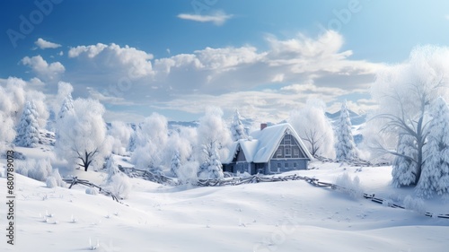 Snowy winter forest in the mountain hills background.