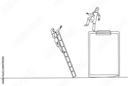 Single one line drawing Arab businesswoman kicks opponent who climbs big clipboard with a ladder. The bully will ruin the daily report. Chase away bullies. Continuous line design graphic illustration