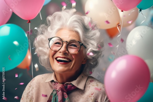 Radiant Elderly Lady with Balloons and Confetti
