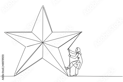 Single continuous line drawing Arabian businesswoman climbing star with rope. Entrepreneurs strive extra hard to reach the goals hang in the stars. Dream come true. One line design vector illustration