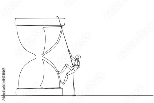 Single continuous line drawing smart robot climbs hourglass with the rope. The countdown is set. Deadline is coming soon. Time management must be good. Work smart. One line design vector illustration