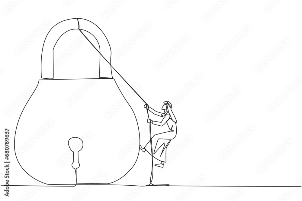 Single one line drawing Arab businessman climbs padlock with rope. Do the best to privatize business. Sole owner. The result of smart hard work. Satisfied. Continuous line design graphic illustration