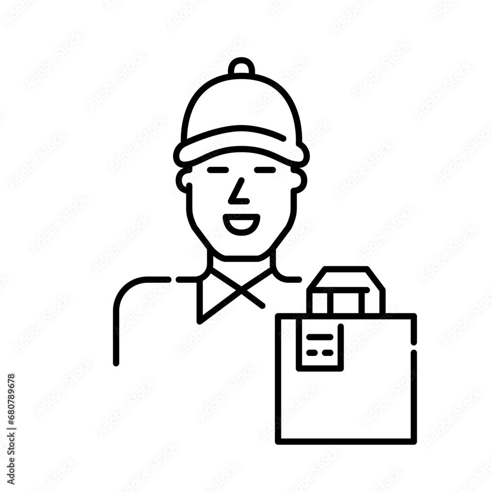 Food delivery service. Courier in polo shirt and baseball cap and paper bag. Pixel perfect, editable stroke icon