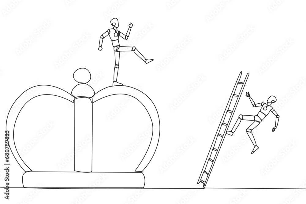 Single continuous line drawing smart robot kicks opponent who is climbing the crown with a ladder. Making rivals fall from business glory. Unhealthy competition. One line design vector illustration Single continuous line drawing smart robot kicks opponent who is climbing the crown with a ladder. Making rivals fall from business glory. Unhealthy competition. One line design vector illustration