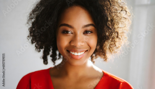 african descendant woman smiling cheerful, copy space photo