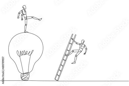 Single one line drawing smart robot kicks opponent who climbing the lightbulb with a ladder. Dropping colleague because don't have bright ideas. Traitor. Continuous line design graphic illustration