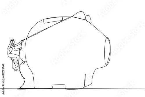 Single continuous line drawing Arab businessman climbing piggy bank with rope. Entrepreneur working hard to make investments preparing for retirement. Smart worker. One line design vector illustration
