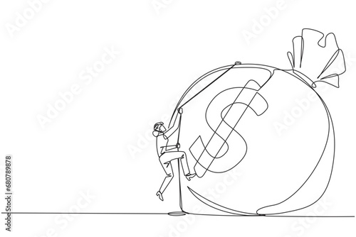 Continuous one line drawing businesswoman climbing money bag with rope. Work harder to get a very large retirement fund. Bring out abilities to the maximum. Single line draw design vector illustration