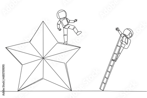 Continuous one line drawing astronaut kicks opponent who is climbing the star with the ladder. Dropping opponents from achieving the same dream. The rival. Single line draw design vector illustration