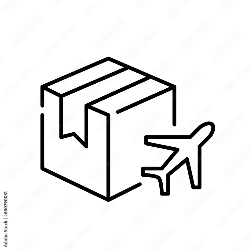 Global parcel delivery. Cardboard box and plane. Pixel perfect, editable stroke icon Global parcel delivery. Cardboard box and plane. Pixel perfect, editable stroke icon