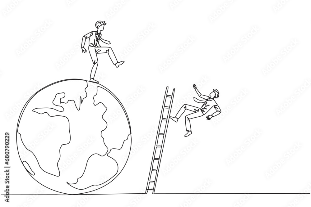 Single continuous line drawing businessman kicks opponent who is climbing the globe with a ladder. Failed to be on top of the world. Dropped by business friend. One line design vector illustration Single continuous line drawing businessman kicks opponent who is climbing the globe with a ladder. Failed to be on top of the world. Dropped by business friend. One line design vector illustration
