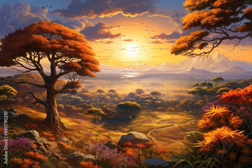 Fantasy landscape illustration with sunset and vibrant flora. Imagination and creativity.