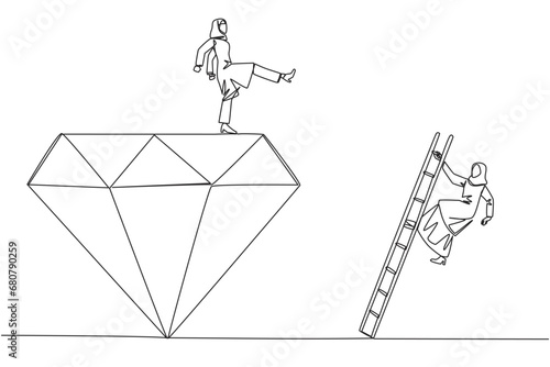 Single continuous line drawing Arab businesswoman kicks rival who climbs the diamond with a ladder. Knocking rival down from achieving a glorious position together. One line design vector illustration