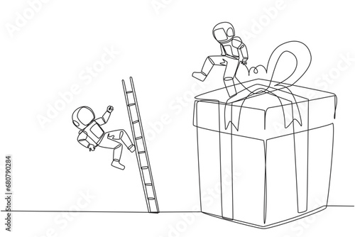 Single continuous line drawing the astronaut kicks opponent who is climbing the gift box with the ladder. Competition justifies any means to get rewards. The rival. One line design vector illustration