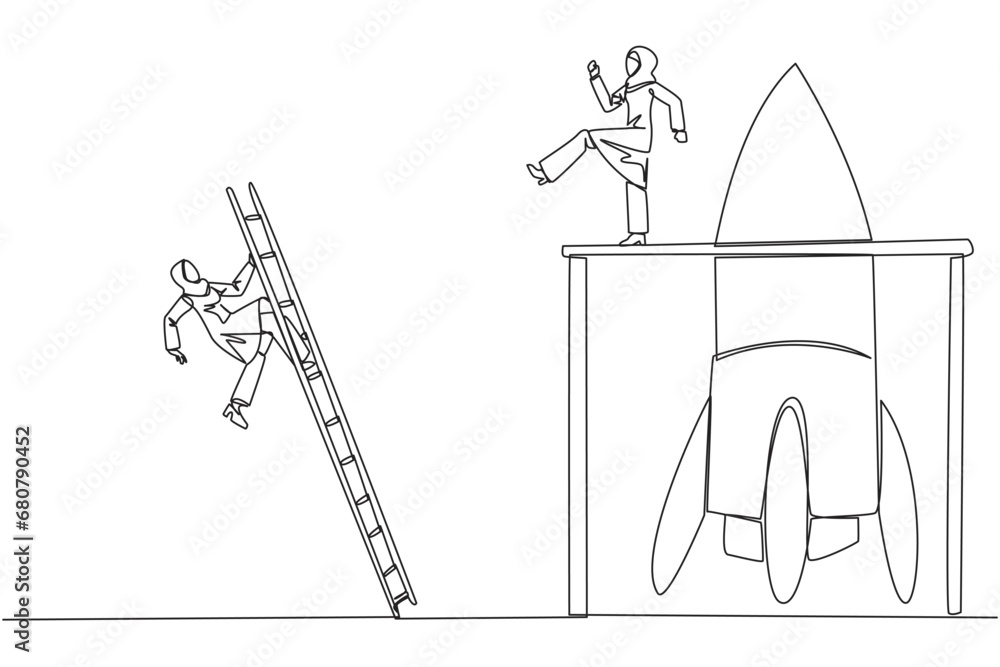 Continuous one line drawing Arab businesswoman kicks opponent who climbs rocket with ladder. Failure to open new business. Cheated by colleague. Traitor. Single line draw design vector illustration