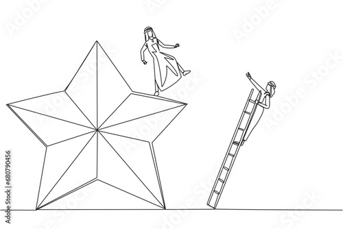 Continuous one line drawing Arab businessman kicks opponent who is climbing the star with a ladder. Dropping opponents from achieving the same dream. Rival. Single line draw design vector illustration