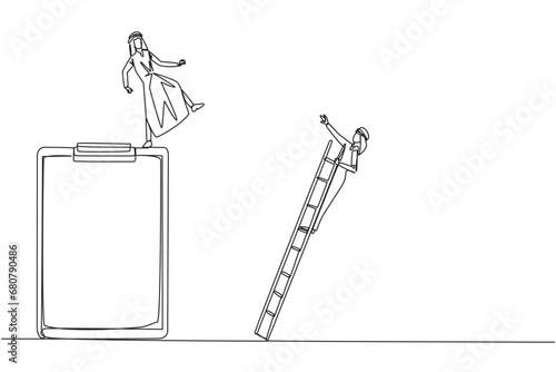 Single one line drawing Arab businessman kicks opponent who climbs a big clipboard with a ladder. The bully will ruin the daily report. Chase away bullies. Continuous line design graphic illustration