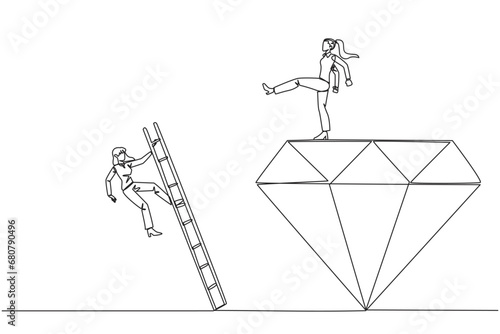 Single one line drawing businesswoman kicks rival who climbing the diamond with a ladder. Knocking rival down from achieving a glorious position together. Continuous line design graphic illustration