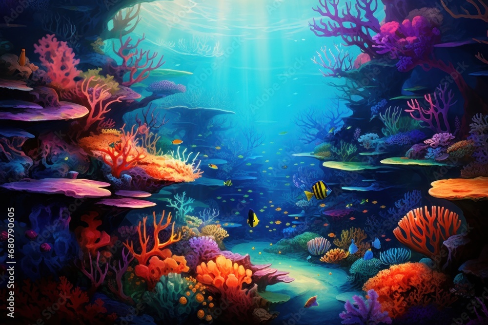 Vibrant underwater seascape with colorful coral and marine life. Marine biodiversity. - obrazy, fototapety, plakaty 