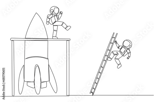 Single continuous line drawing astronaut kicks opponent who climbing the rocket with ladder. Failure to open new business. Cheated by business friend. The traitor. One line design vector illustration