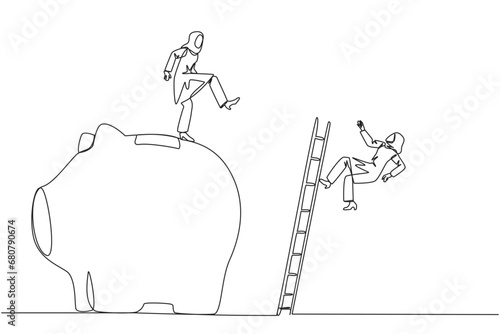 Single one line drawing Arabian businesswoman kicks rival who climbs piggy bank with stair. Bringing down opponents so don't have any investment in future. Continuous line design graphic illustration