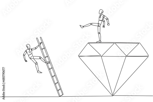 Single continuous line drawing smart robot kicks rival who is climbing the diamond with a ladder. Knocking rival down from achieving a glorious position together. One line design vector illustration
