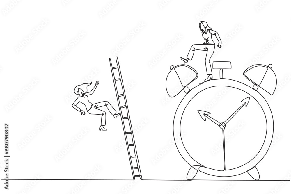 Single continuous line drawing businesswoman kicks opponent who climbs the alarm clock with ladder. Arrogance. No need for colleagues to complete many deadlines. One line design vector illustration Single continuous line drawing businesswoman kicks opponent who climbs the alarm clock with ladder. Arrogance. No need for colleagues to complete many deadlines. One line design vector illustration