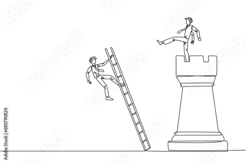 Single one line drawing businessman kicks opponent who climbing the chess rook with ladder. Wrong move. Wrong strategy. Plan leaked by colleague. Traitor. Continuous line design graphic illustration © Simple Line