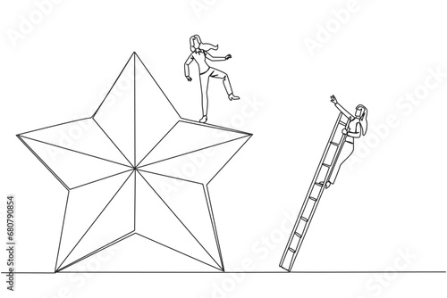 Continuous one line drawing businesswoman kicks opponent who is climbing the star with a ladder. Dropping opponents from achieving the same dream. Rival. Single line draw design vector illustration