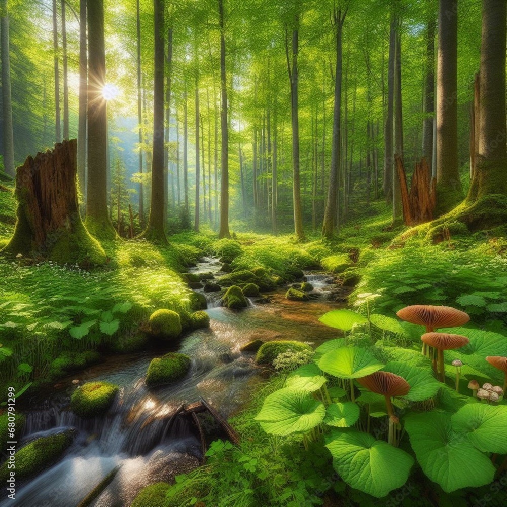 A forest scene with a stream and mushrooms
