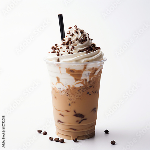 Iced whipped cream coffee with a white background
