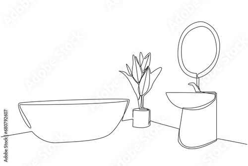 Continuous one line drawing stylish bathroom with furniture modern. There is a mini bathtub and sink that are parallel. Simple bathroom furniture layout. Single line draw design vector illustration