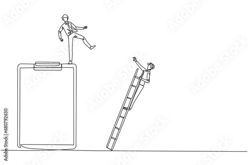 Single one line drawing businessman kicks opponent who is climbing a big clipboard with a ladder. The bully will ruin the daily report. Chase away bullies. Continuous line design graphic illustration