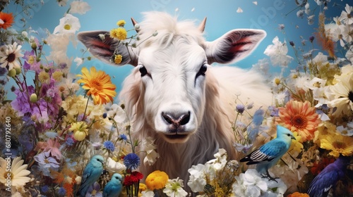 a collage-style image of pet farm animals with elements of nature and beauty, such as wildflowers
