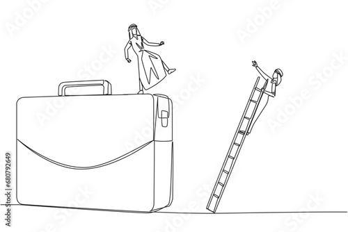 Single one line drawing Arab businessman kicks opponent who climbs the briefcase with a ladder. Keep away from intruders who disturb business trips. Rival. Continuous line design graphic illustration