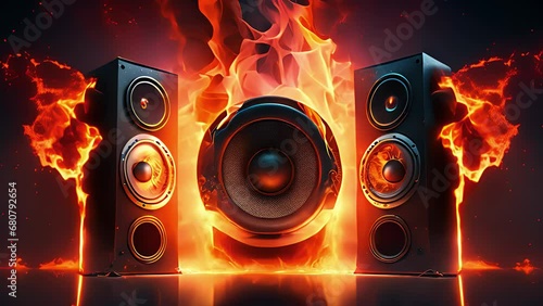 speakers surrounded by fire, burning speaker. Created with generative AI.	
 photo