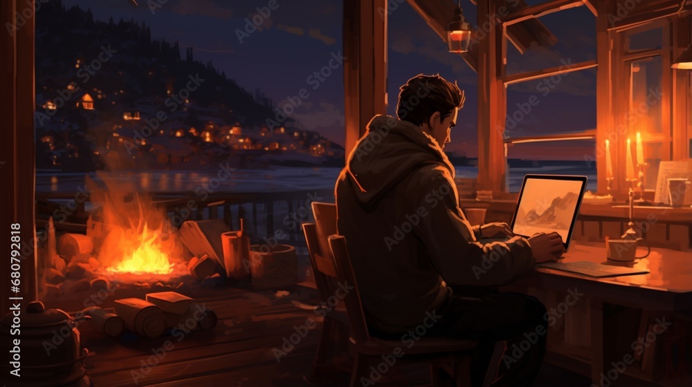 A cozy winter evening by the fireplace, with someone engrossed in laptop work