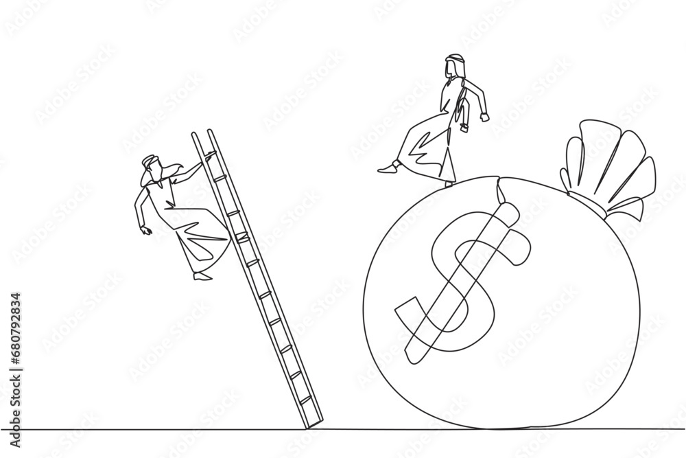Single continuous line drawing Arab businessman kicks opponent who climbs the money bag with a ladder. Cheated by a business partner. Unprofitable business. Rival. One line design vector illustration