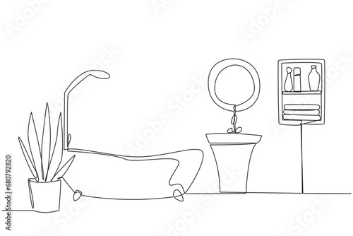 Single continuous line drawing mini bathtub with shower and sink. Simple layout at bathroom. Classic that gives an elegant impression. The bathroom is kept clean. One line design vector illustration