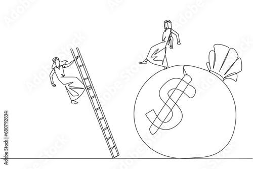 Single continuous line drawing Arab businessman kicks opponent who climbs the money bag with a ladder. Cheated by a business partner. Unprofitable business. Rival. One line design vector illustration