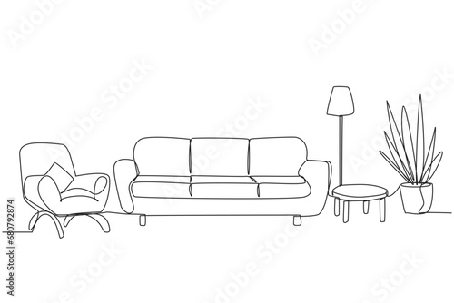 Single continuous line drawing stylish living room with full furniture modern. Modern minimalist design. Equipped with floor lamps for lighting needs and armchairs. One line design vector illustration