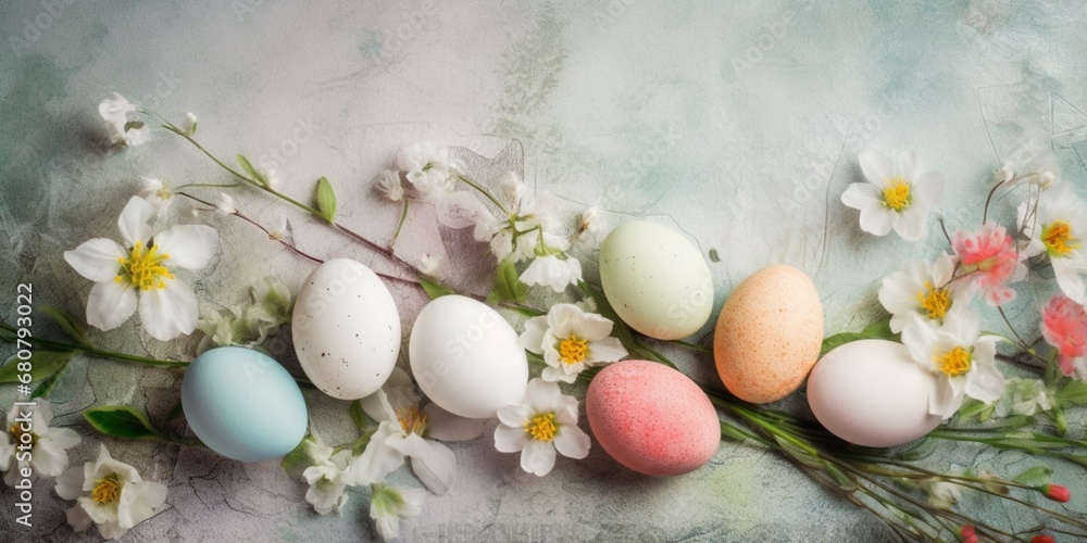 Spring flowers and pastel eggs on Easter